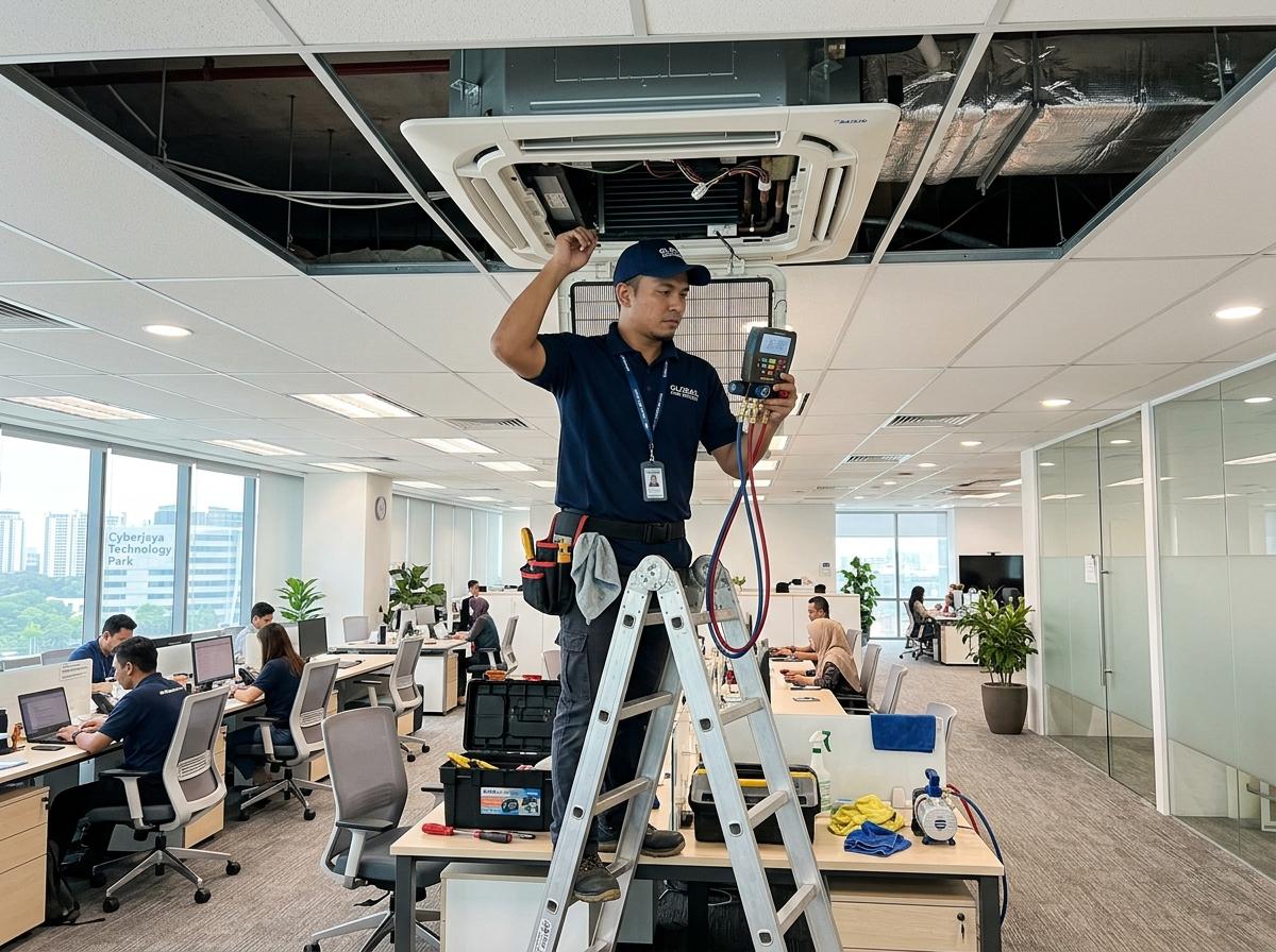 Tedax Aircond technician servicing a 4-way ceiling cassette in a Puchong corporate tech office