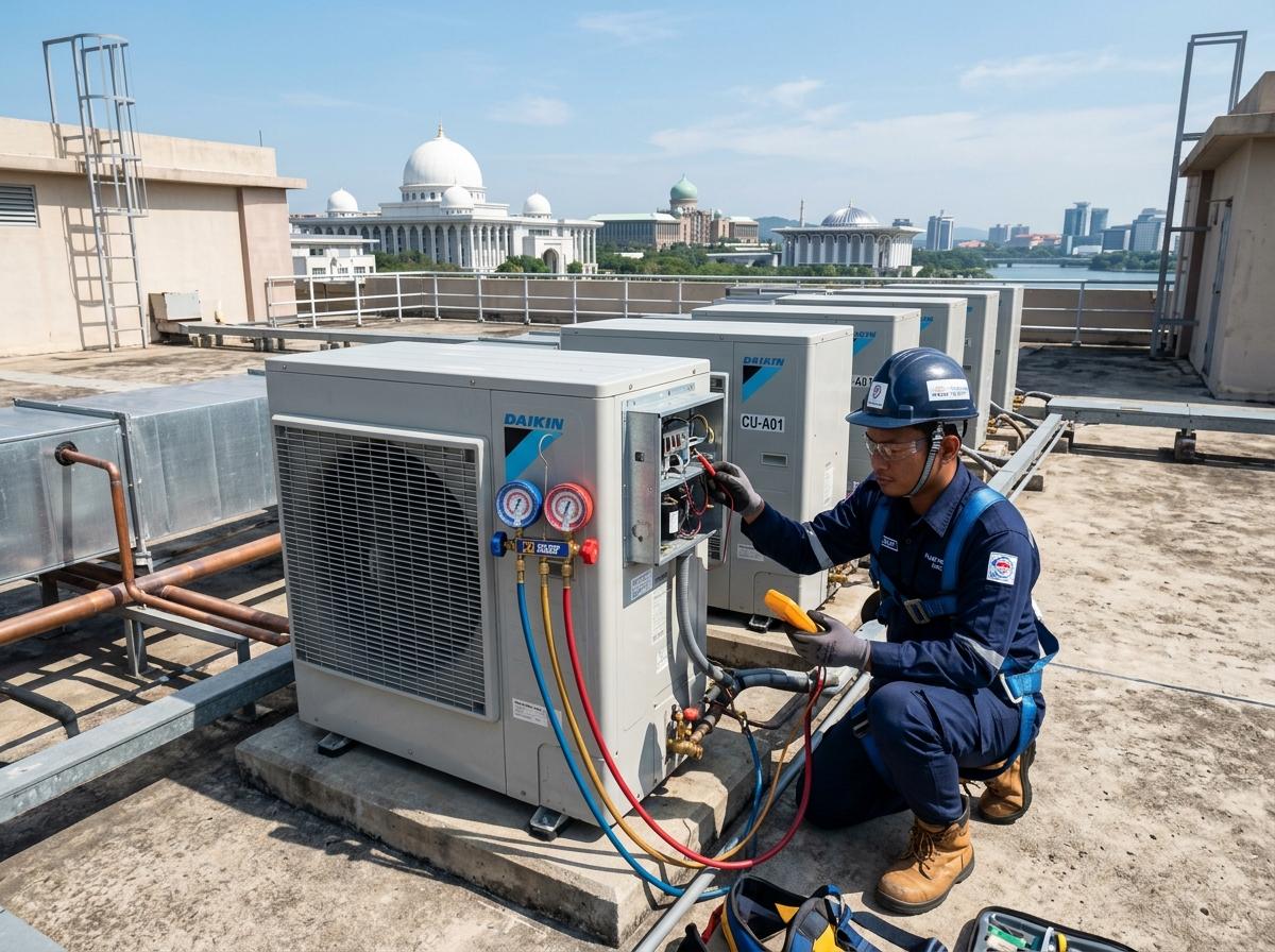 Tedax Aircond certified technician checking commercial rooftop aircon condenser fleet in Puchong